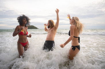 Group of friends having fun on the beach. Young women having fun on the beach.