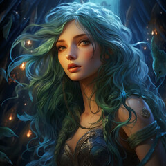 Naklejka premium Moonlit Azure: A Blue-Haired Muse Amidst Nature's Monochrome Symphony, Generative AI