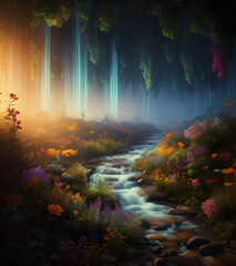 Fantasy landscape with a stream and colorful flowers in the forest. Generative Ai