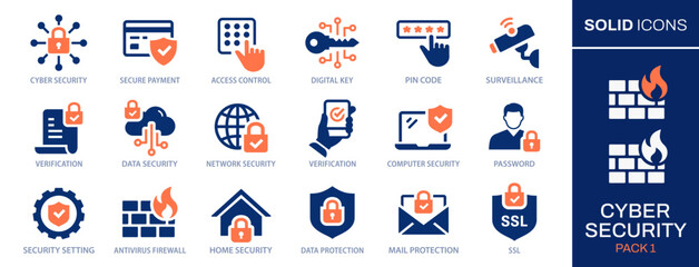 Cyber security icon set. Collection of safe, privacy, data protection, surveillance camera and more. Vector illustration. Easily changes to any color. - 638724283