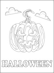 Halloween coloring pages for kids with hand drawn black color pumpkin sketch illustration