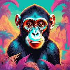 Amusing Chimp - Whimsical Primate Portrait - Post-Impressionistic Influences - Simplified 2D Illustration - Soft Pastel Palette - Digital Drawing - Generative AI