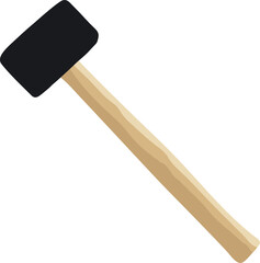 The black hammer has a long wooden handle.