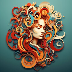  Design of a young woman's profile with colorful hair decorations