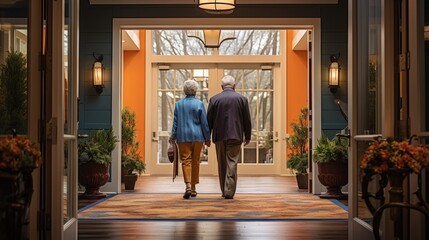 Obraz na płótnie Canvas elderly couple walking through the doors of a retirement home (Generative AI)