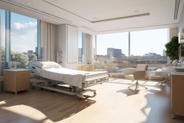 Fototapeta na wymiar Hospital recovery room, bed on medical room generative with Ai.