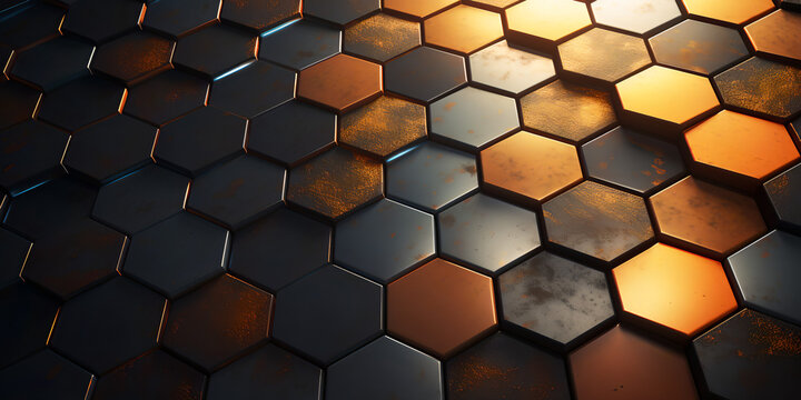 Hexagon steel pattern, abstract seamless background, gold lights, vibrating and blury background, Generative AI © ShaggyImages