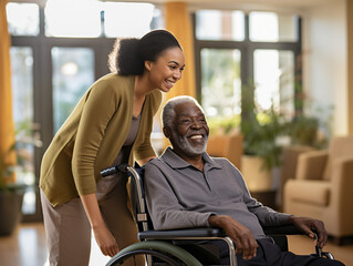 Compassionate Bonds: Side View Portrait of a Young Black Woman Assisting a Senior Man in a Nursing Home