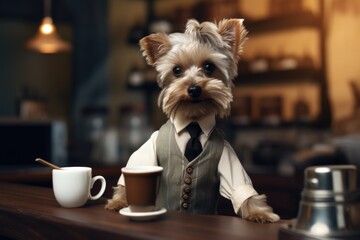 Cute dog wearing like barista - obrazy, fototapety, plakaty