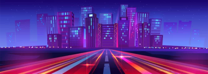 Abwaschbare Fototapete Dunkelblau Road with high-speed lights leads to city with multi-storey buildings against clear starry sky. Futuristic cityscape with buildings, neon glow, highway with motion effect. Cartoon vector illustration.