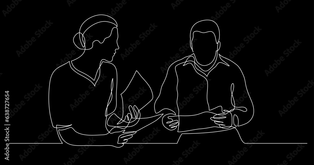 Poster continuous line drawing vector illustration with fully editable stroke of two persons having convers