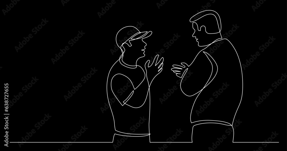 Poster continuous line drawing vector illustration with fully editable stroke of two persons having convers