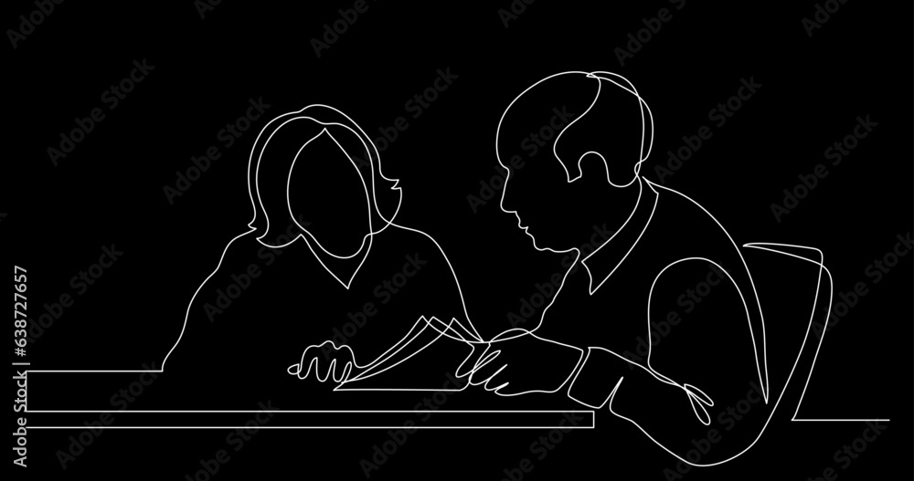 Poster continuous line drawing vector illustration with fully editable stroke of two persons having convers