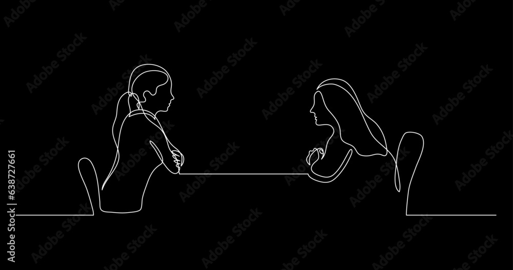Poster continuous line drawing vector illustration with fully editable stroke of two persons having convers