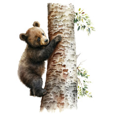 Baby bear climbing tree watercolor clipart. Generative AI illustration
