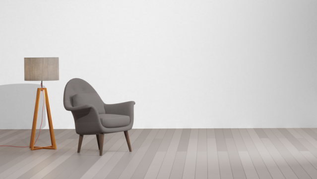 Creative composition of living room interior with copy space, wooden sideboard. Decorated home mockup