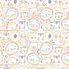 Naklejka premium Beautiful kids vector seamless pattern with cute hand drawn safari animal faces. Children stock lion tiger bear zebra monkey illustratrion.