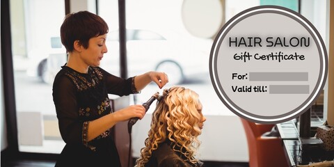 Composite of hair salon gift certificate text over caucasian female hairdresser with female client