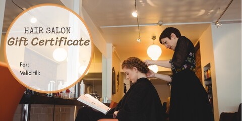 Composite of hair salon gift certificate text over caucasian female hairdresser with female client