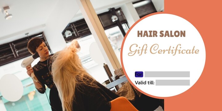 Composite of hair salon gift certificate text over caucasian female hairdresser with female client