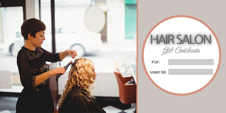 Composite of hair salon gift certificate text over caucasian female hairdresser with female client - Powered by Adobe