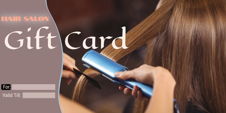 Composite of hair salon gift certificate text over caucasian female hairdresser straightening hair