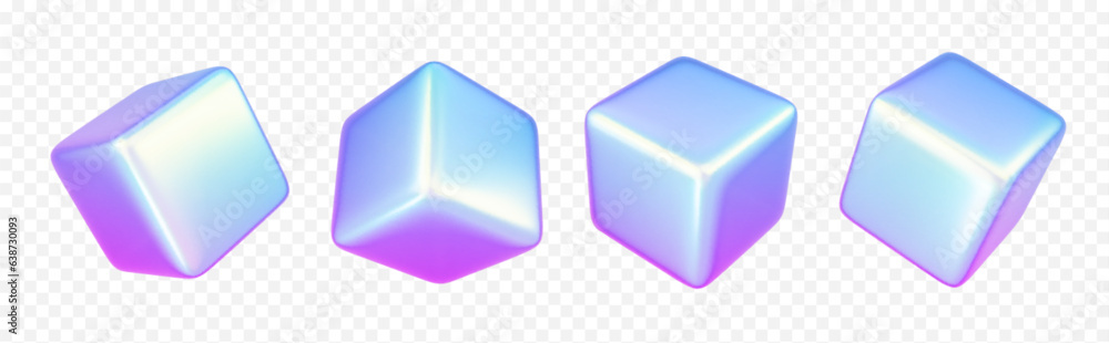 Poster 3d holographic cube shape abstract vector graphic isolated on transparent background. gradient geome