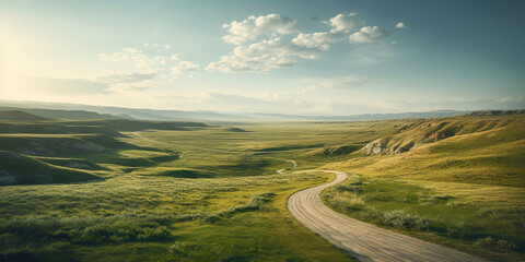 Winding road landscape under a blue sky with fluffy clouds. The beauty of nature and the great outdoors is highlighted.