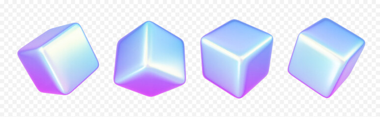 3d holographic cube shape abstract vector graphic isolated on transparent background. Gradient geometric square figure render icon design in pink and blue hologram effect. Creative futuristic polygon