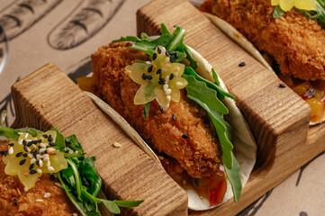 mexican taco with chicken, vegetables and sauce