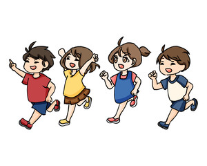 four small children are running. hand drawn kids illustration