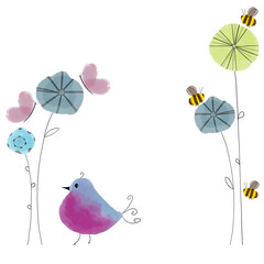 Bird and flowers, digital watercolor