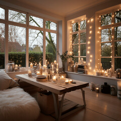 Gemütliches Wohnzimmer, Tisch, Weihnachten, Lichterkette, Kuscheln, Winter, Herbst, Entspannen, genießen, Kerzen