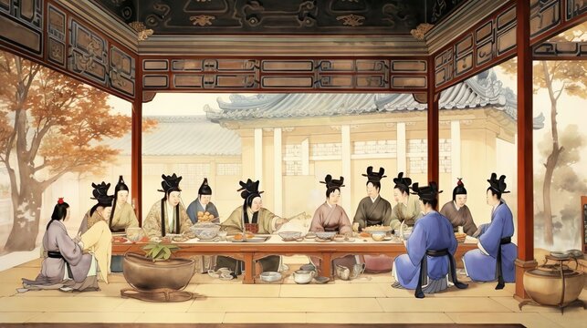 Vast Palace Garden in Traditional Korean, Ink Painting Style