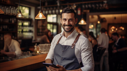 Obraz premium Waiter holds a tablet in a restaurant and smiles