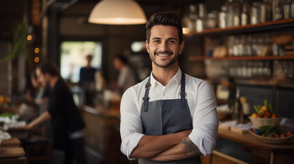 Waiter holds a tablet in a restaurant and smiles