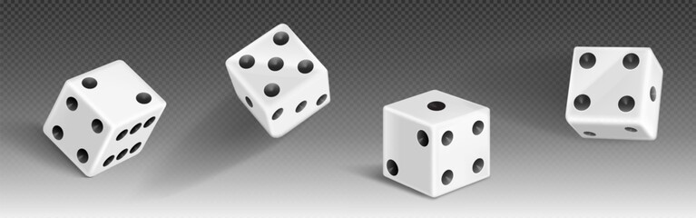 3d casino game play cube roll isolated vector icon. White realistic gambling poker lucky square rolling with six, five and two dot number set. Random gamble gaming entertainment toy pieces with risk