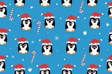 Christmas cute little penguins in Santa's hat. Christmas cute animal cartoon character. Vector illustration