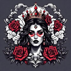 Tattoo flash art of a modern day queen or princess surrounded by roses and plants. 
