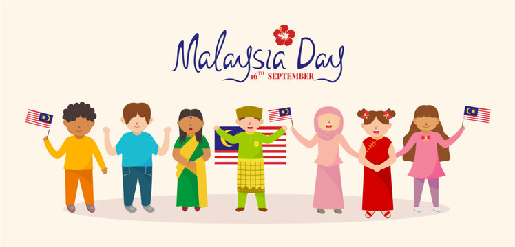 Malaysia day banner vector illustration. Cute cartoon of Malay, Indian, Chinese, and Arabic in traditional costume. Faceless style. 16 September.