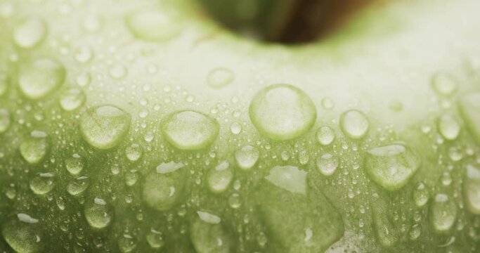 Micro video of close up of green apple and water drops with copy space