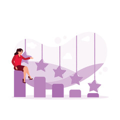 A woman sits on the charts and has five stars. Increase in rating or ranking, evaluation, and classification ideas. Trend Modern vector flat illustration