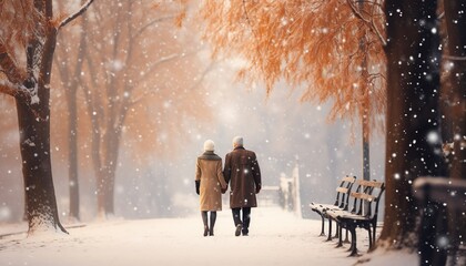 Fototapeta na wymiar an old couple's walk one winter day