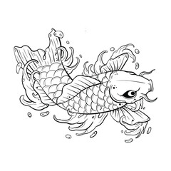 Koi fish tattoo with water splash Asian or Japanese style. Illustration with white background.