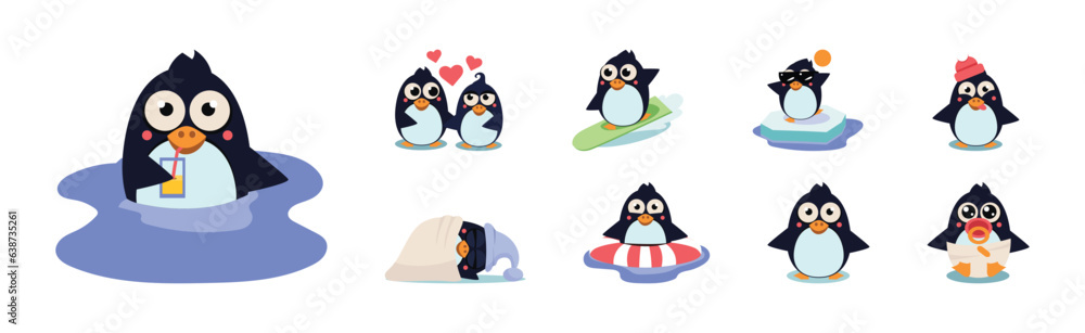Poster cute penguin character engaged in different activity vector set