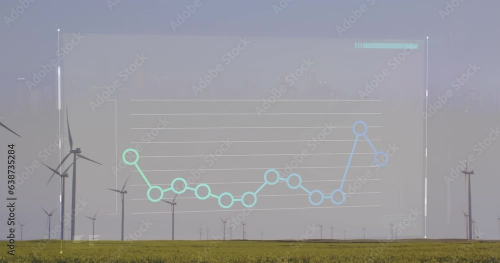 Poster animation of connected circles forming graphs over rotating windmills on green field against sky