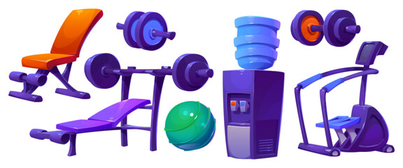 Cartoon set of sport gym equipment isolated on white background. Vector illustration of barbell bench, stepper machine, dumbbell, fitball, cooler with drinking water. Fitness center design elements