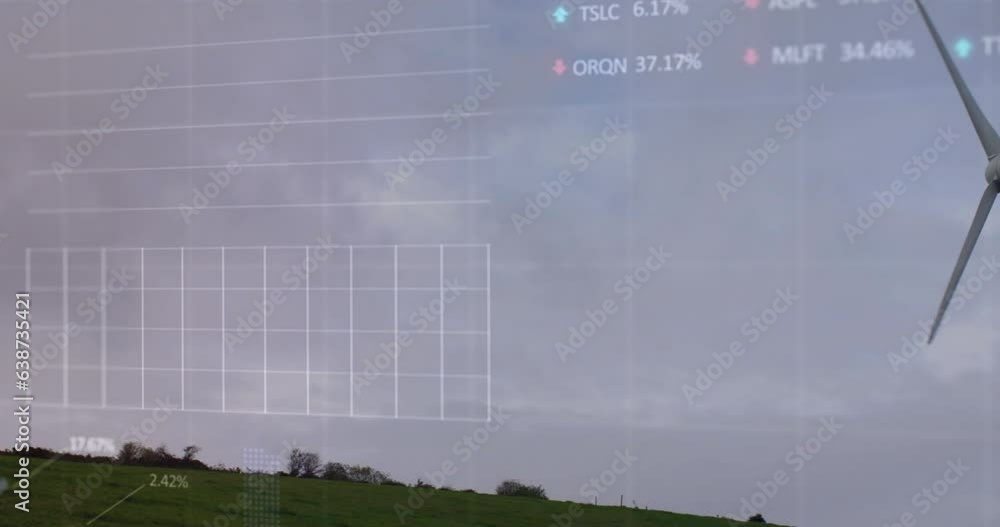 Poster animation of multiple graphs and trading boards over windmill on green field against cloudy sky