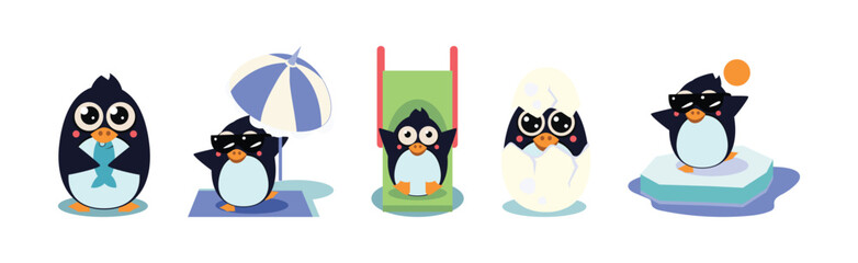 Cute Penguin Character Engaged in Different Activity Vector Set
