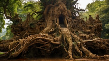 Giant ancient tree with intricate carvings and secrets | generative ai